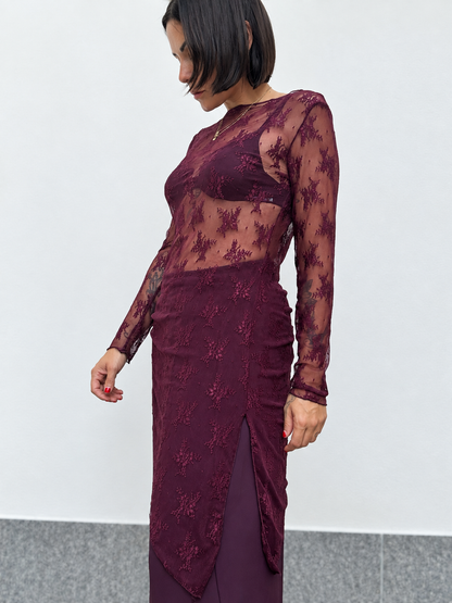 Maglia in tulle ricamata Bordeaux