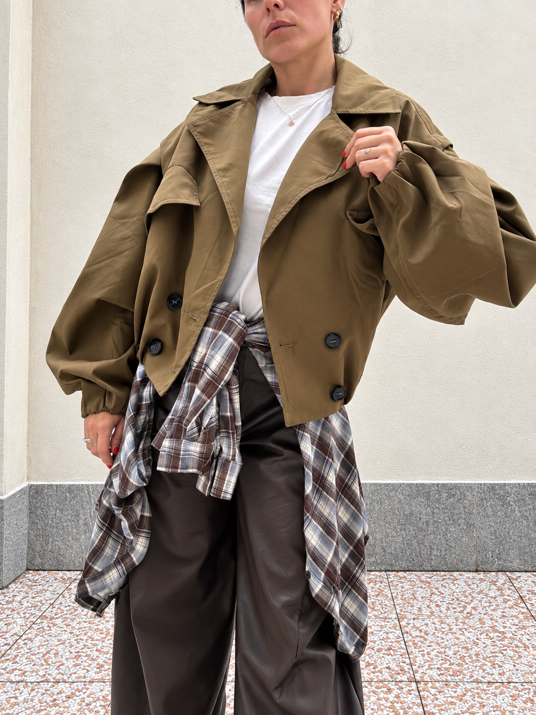 Giacca Trench Crop Kaki
