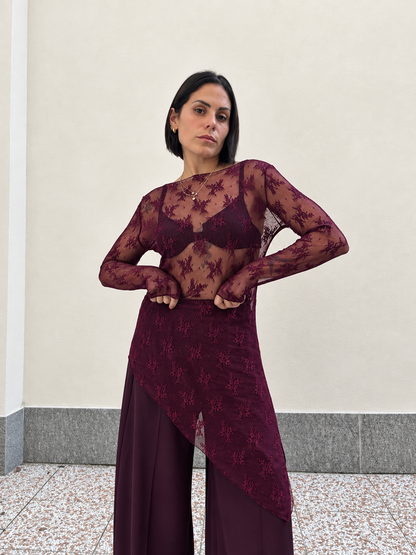 Maglia in tulle ricamata Bordeaux