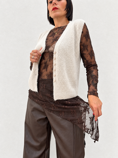 Maglia in tulle ricamata Marrone