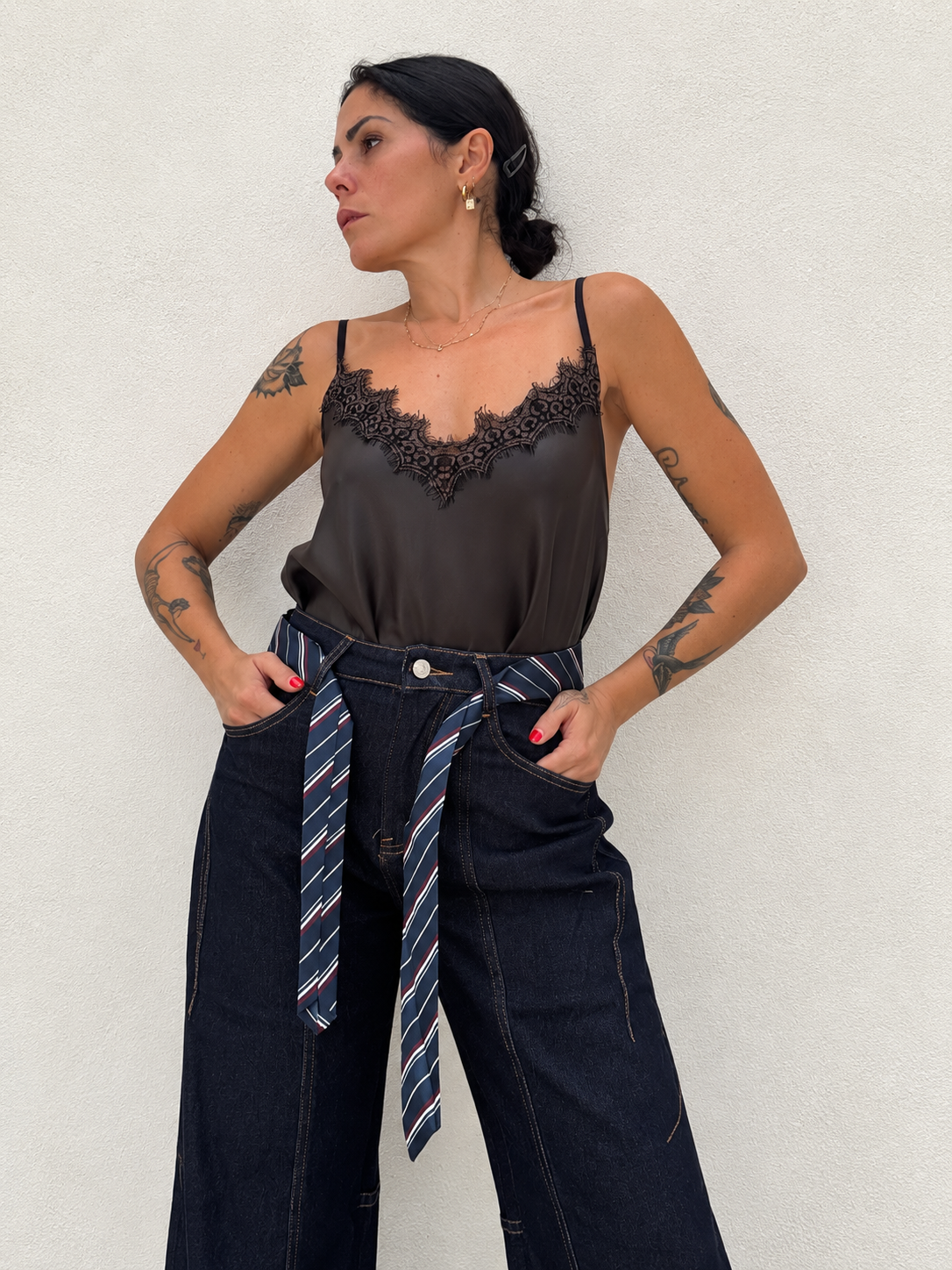 Top ecopelle in pizzo Marrone