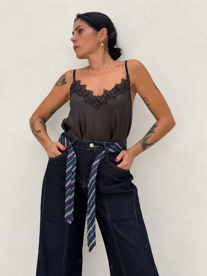 Top ecopelle in pizzo Marrone